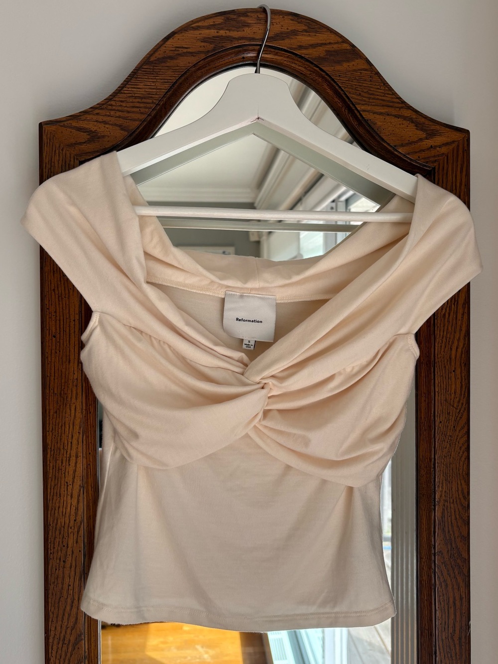 Reformation Cream Twist-Front Off-Shoulder Top